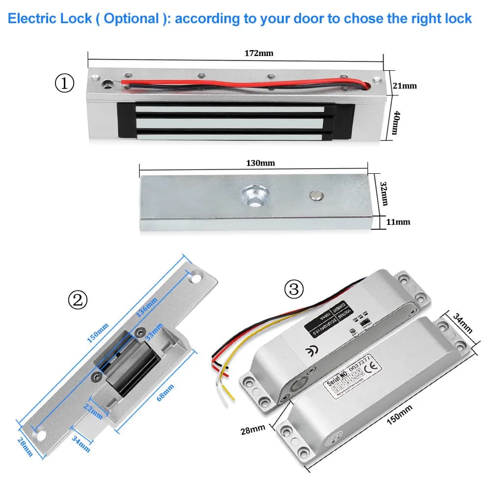 Kit de système de contrôle d'accès RFID en métal avec couvercle étanche + serrure magnétique électrique 180KG + 10 porte-clés + alimentation + bouton de sortie