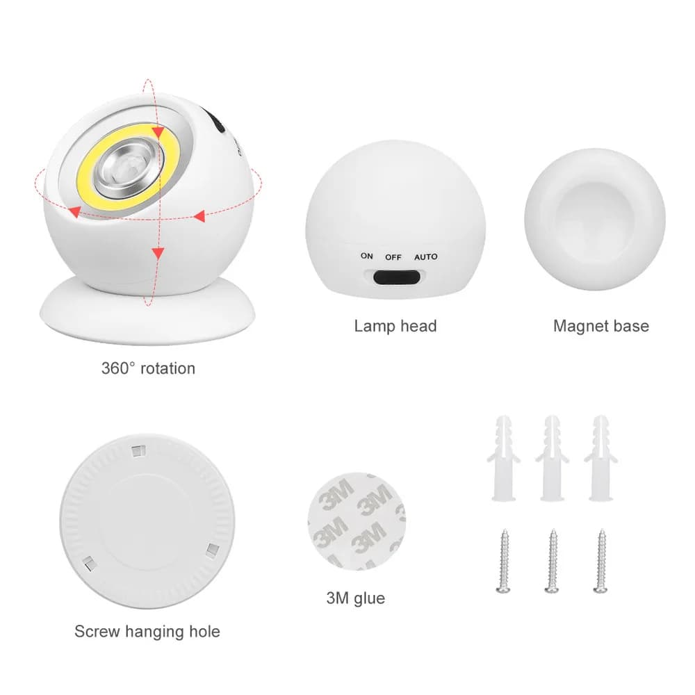 360 ° Rotatif COB boule lumière PIR capteur de mouvement LED veilleuse USB/alimenté par batterie aimant applique murale pour chambre salle de bain cuisine