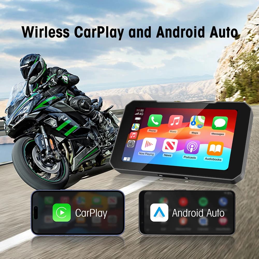 Écran de moto 5 pouces, DVR moto, navigation GPS, CarPlay sans fil, Android Auto, étanche IP67, moto