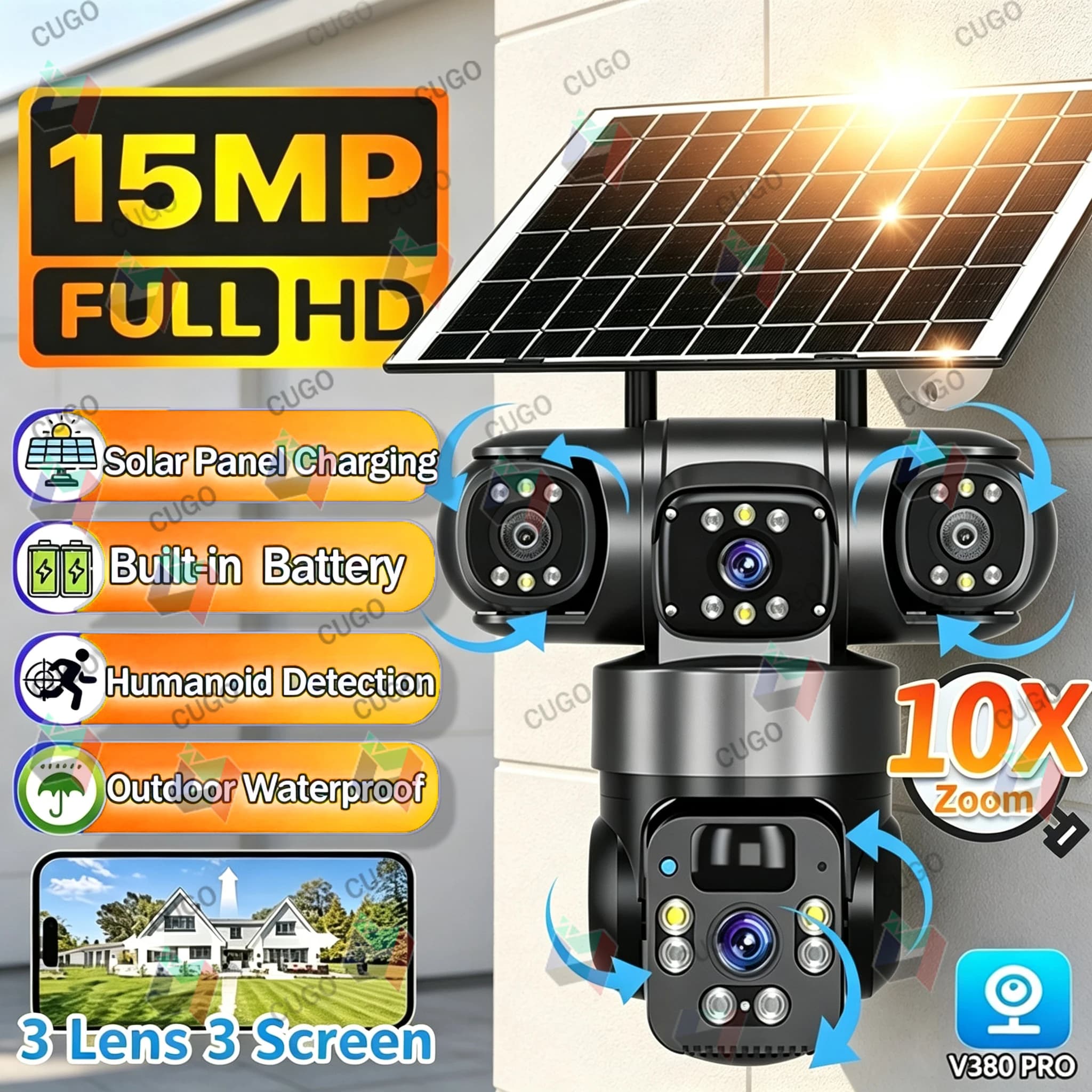 Caméra IP Wifi 15MP, caméra solaire sans fil PTZ