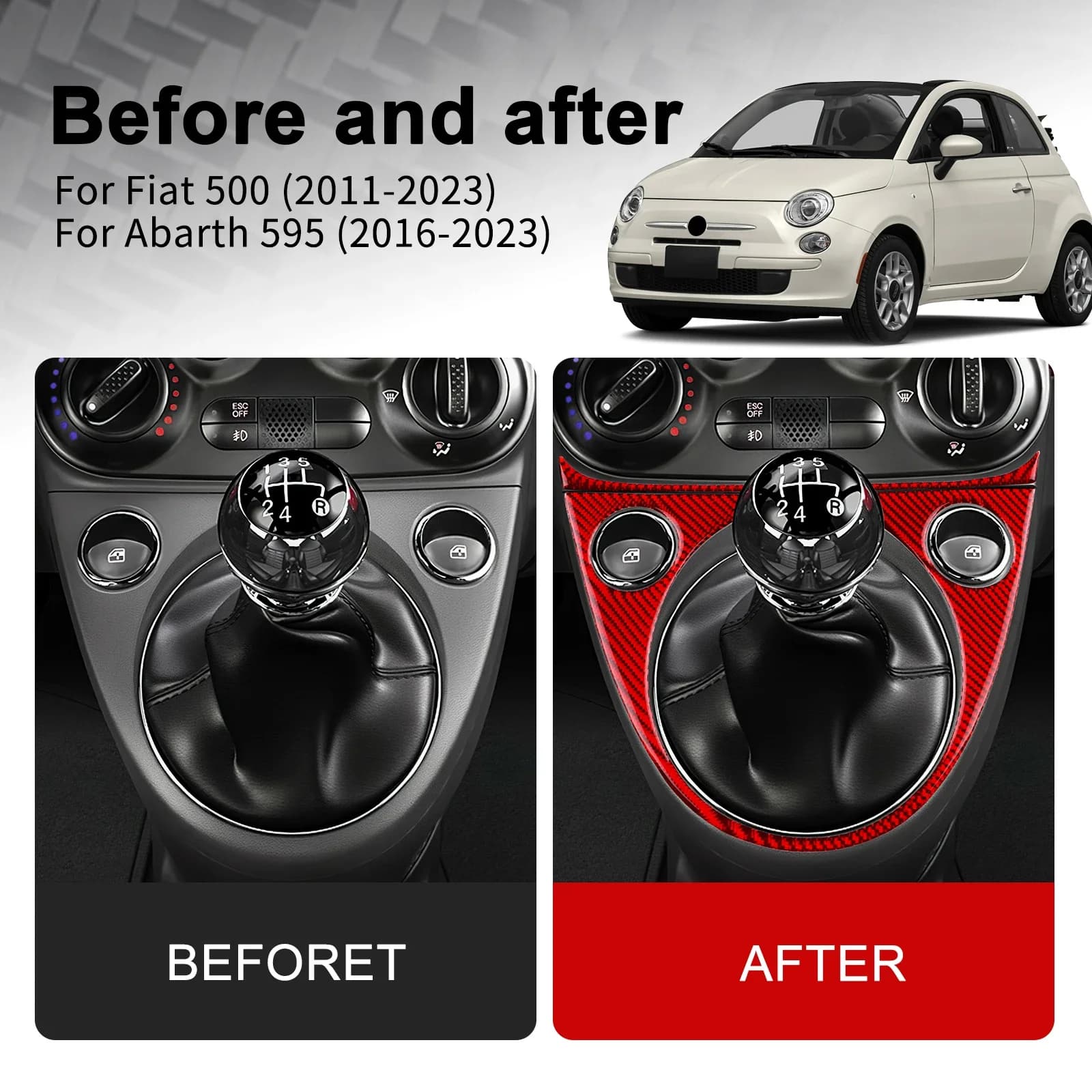 Pour Abarth 595 2016 2017 2018 2019 2020 2021 2022 2023 Pour Fiat 500 2011-2023 Garniture de levier de vitesses manuel/automatique en fibre de carbone souple