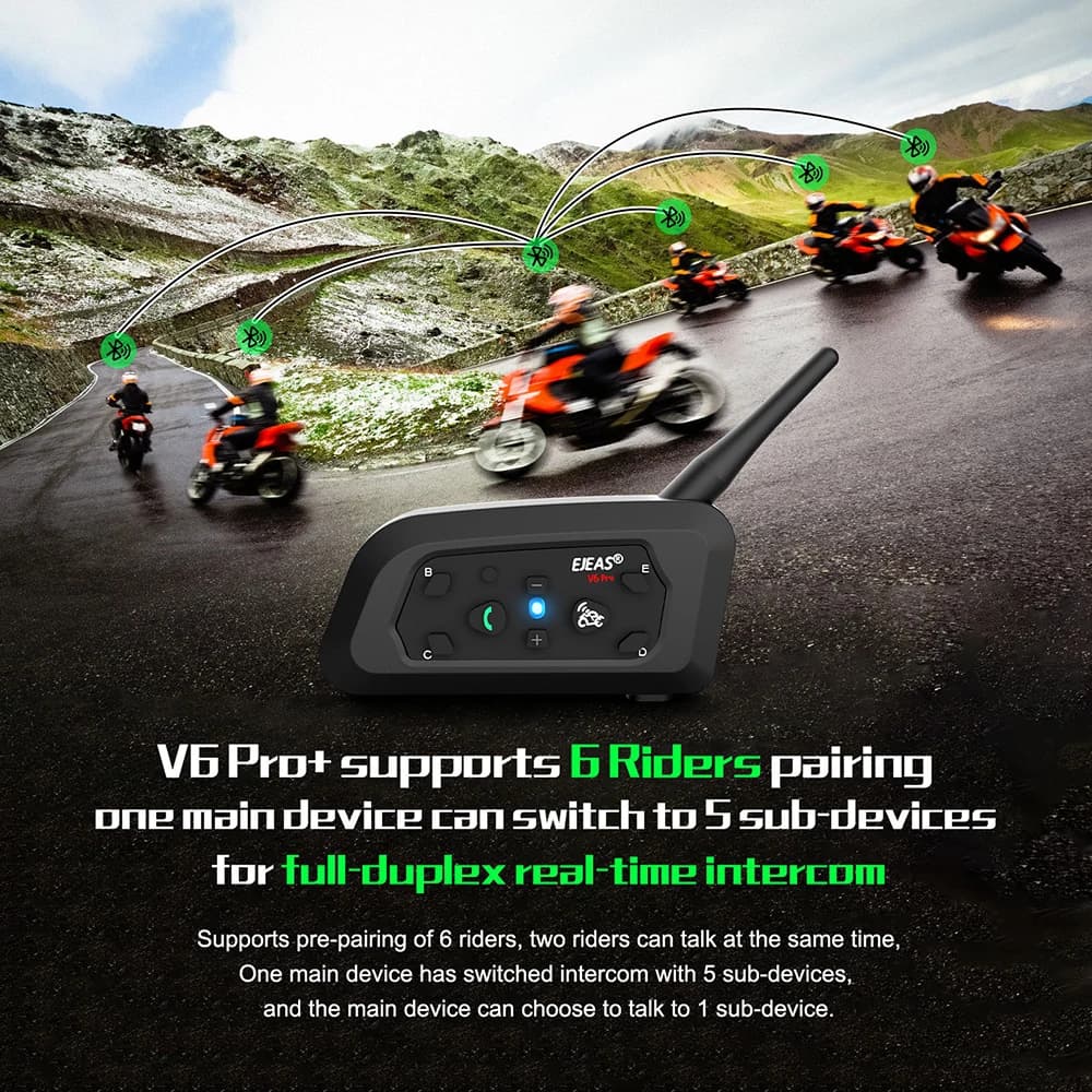 EJEAS V6 PRO +/PLUS casque de moto Bluetooth talkie-walkie 6 cavalier Distance 800 mètres étanche IP67