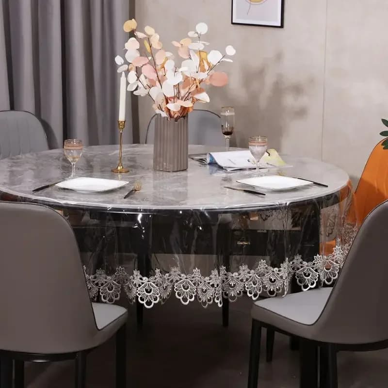 Couverture de Table en PVC Imperméable, Nappe Souple Transparente, Dentelle Brodée, Assiette en Clip, Polymères Résistants à l'Huile