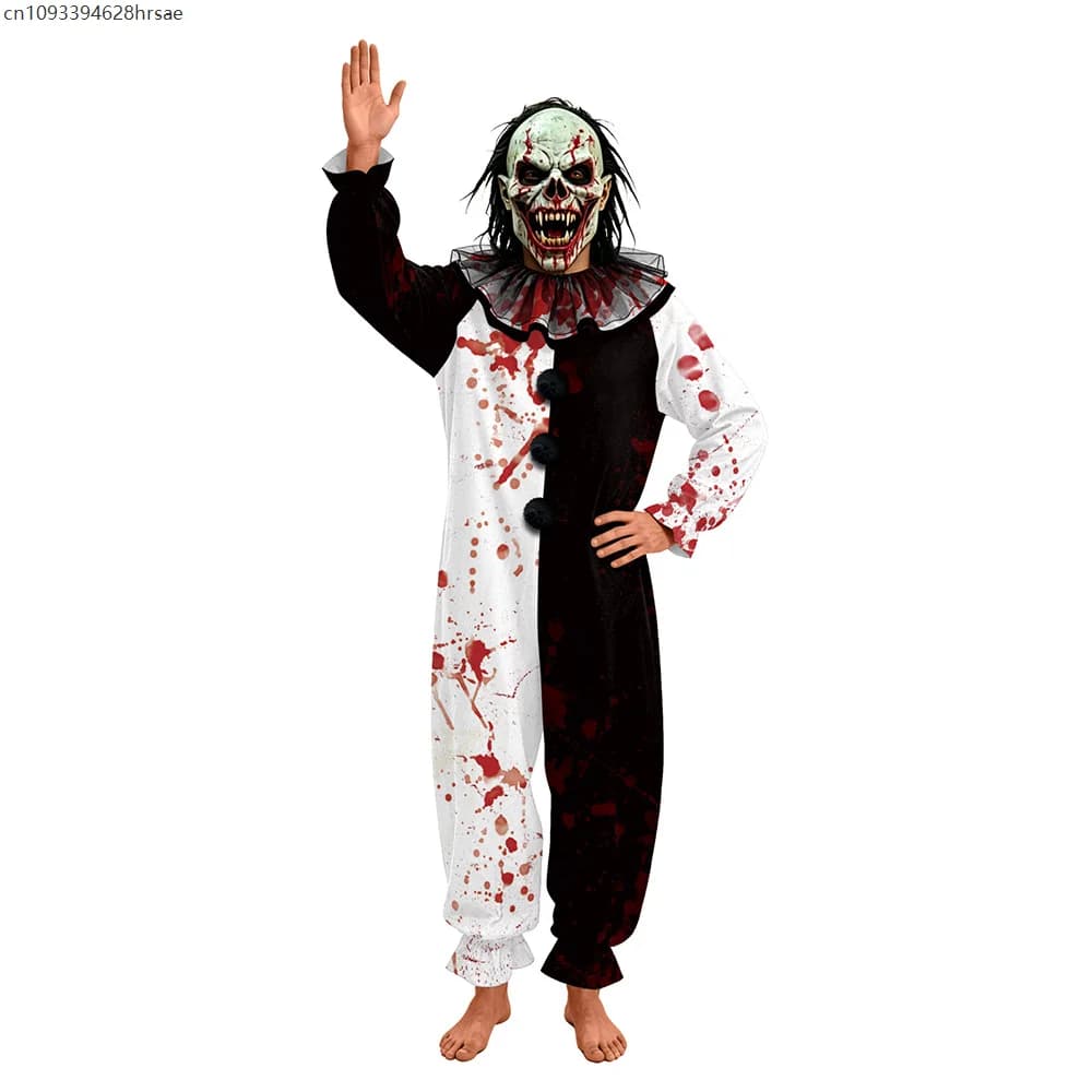 Costume de Clown Sanglant Unisexe Adulte Noir et Blanc, Combinaison Unique pour Halloween, Déguisement de Zombie Sombre et Maléfique pour Fête et Spectacle