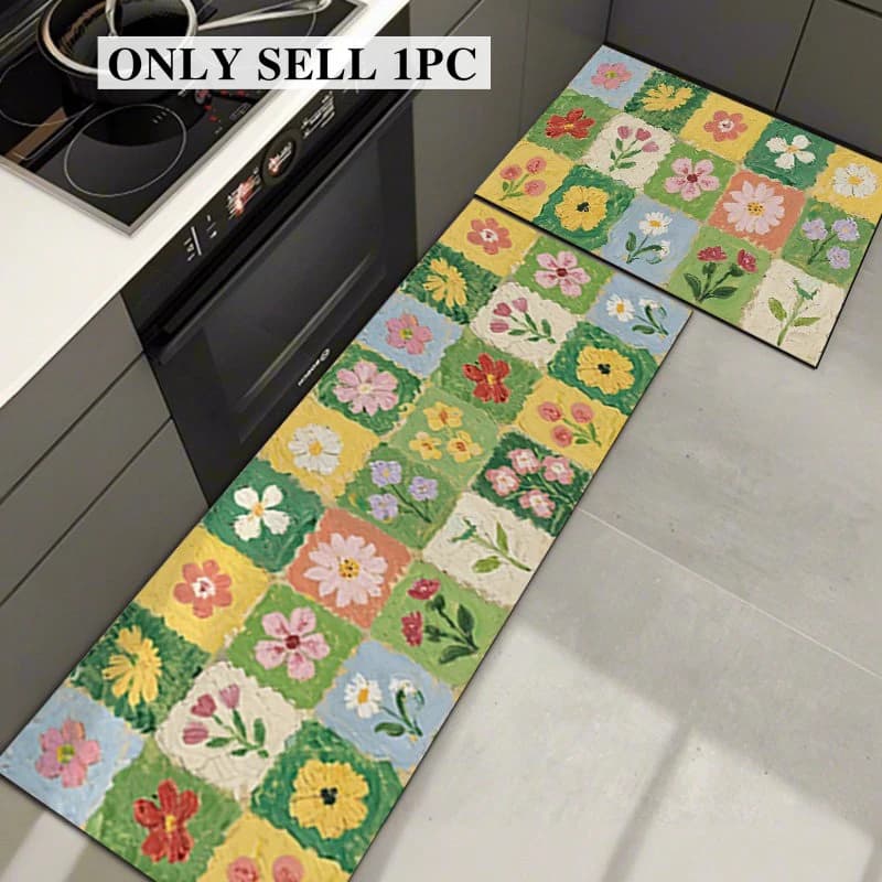 Tapis de cuisine en PVC imperméable, tapis en cuir long antidérapant et résistant à l'huile, tapis à carreaux américains, tapis floraux, tapis de décoration pour la maison