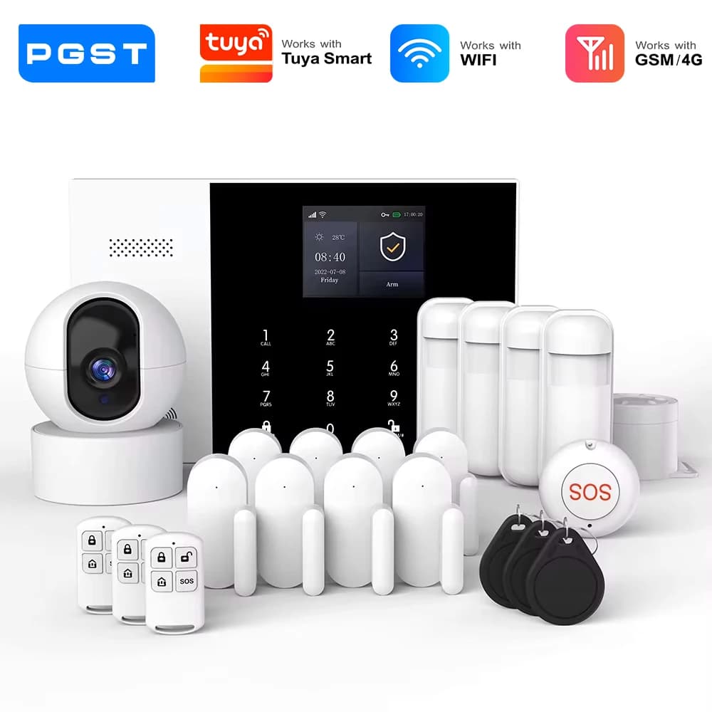 PGST kit sécurité alarme anti intrusion WiFi 2G GSM 4G Works with Tuya Smart Life système sans fil connecté pour maison commerce surveillance mobile installation rapide protection 24h sur 24