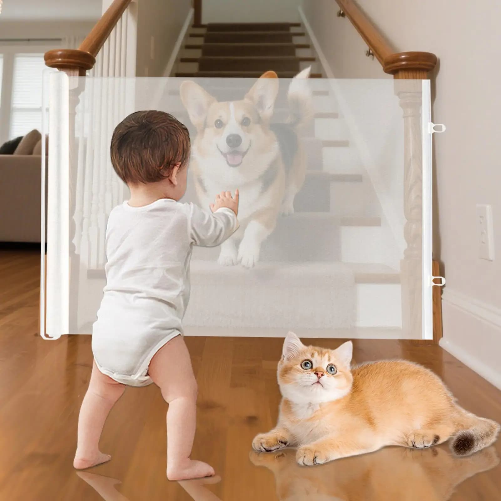 Barrière pour chien, barrière pour chiot, clôture rétractable pour chien, barrière large sans perçage, écran de sécurité pour animaux de compagnie, sécurité enfant pour couloirs, escaliers, entrées