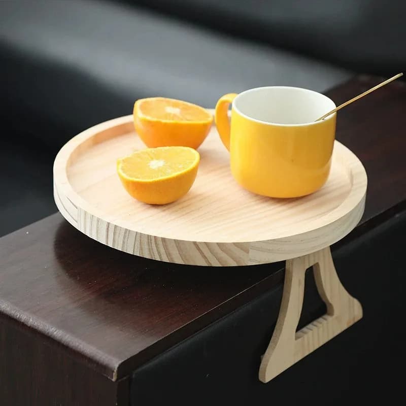 Plateau d'accoudoir de canapé en bois, Clip circulaire sur plateau de petit déjeuner, usage domestique, Table d'appoint de canapé pliable, plateau de collation, plateau de rangement intégré