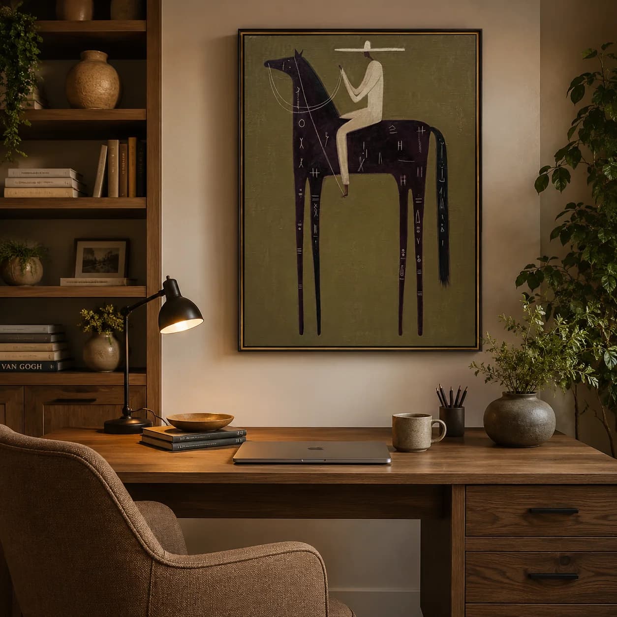 Le Cheval Glyph – Peinture vintage Americana d'un cavalier sur un cheval noir avec inscription | Impression sur toile pour chambre à coucher, salon