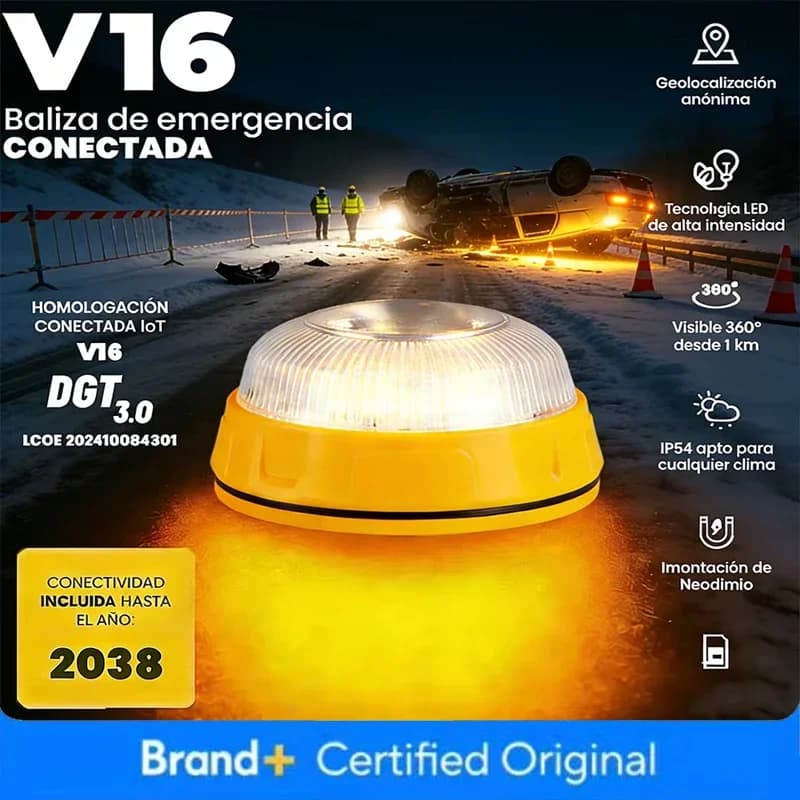 Balise d'urgence V16 avec géolocalisation en temps réel, utilisation obligatoire connectée DGT pour une sécurité routière et une visibilité améliorée Amag
