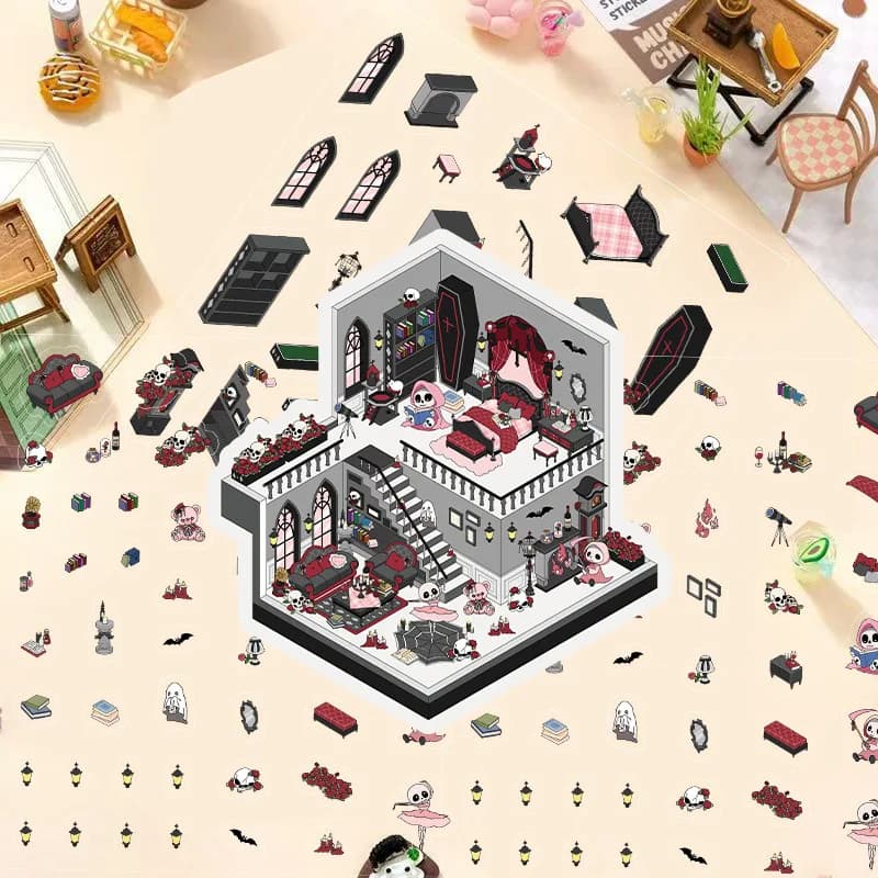 Autocollants de papeterie 3D de château gothique de dessin animé, monde miniature, maison, décompression, scène DIY