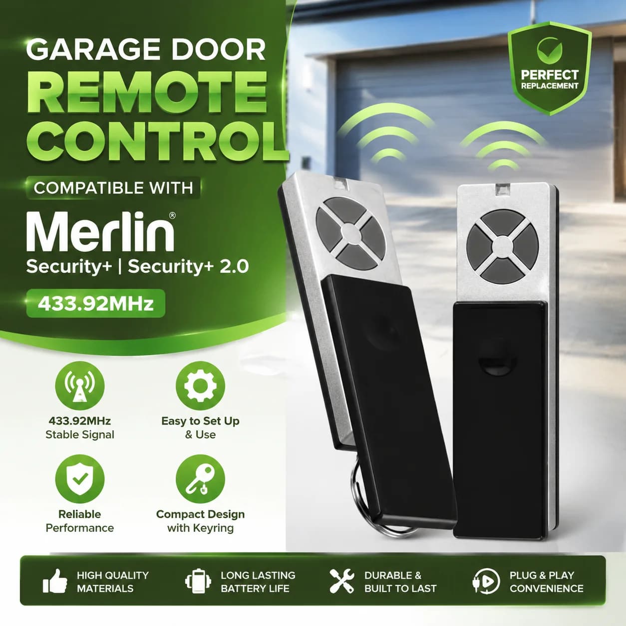 Télécommande et clavier de remplacement Merlin Security+ 2.0 pour porte de garage