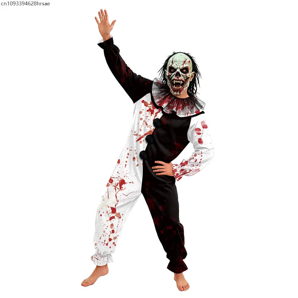 Costume de Clown Sanglant Unisexe Adulte Noir et Blanc, Combinaison Unique pour Halloween, Déguisement de Zombie Sombre et Maléfique pour Fête et Spectacle