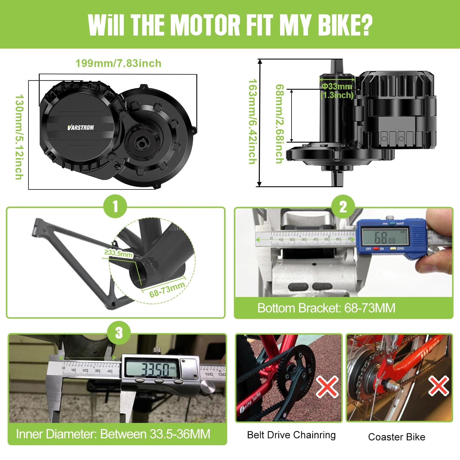 Kit moteur central Varstrom VSM01 48V 750W 130Nm avec capteur de couple pour conversion de vélo électrique
