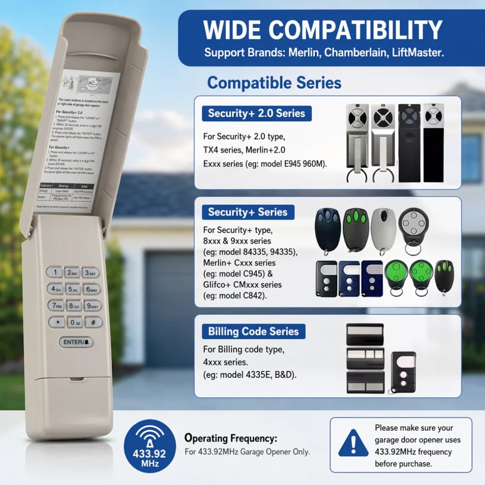 Télécommande et clavier de remplacement Merlin Security+ 2.0 pour porte de garage
