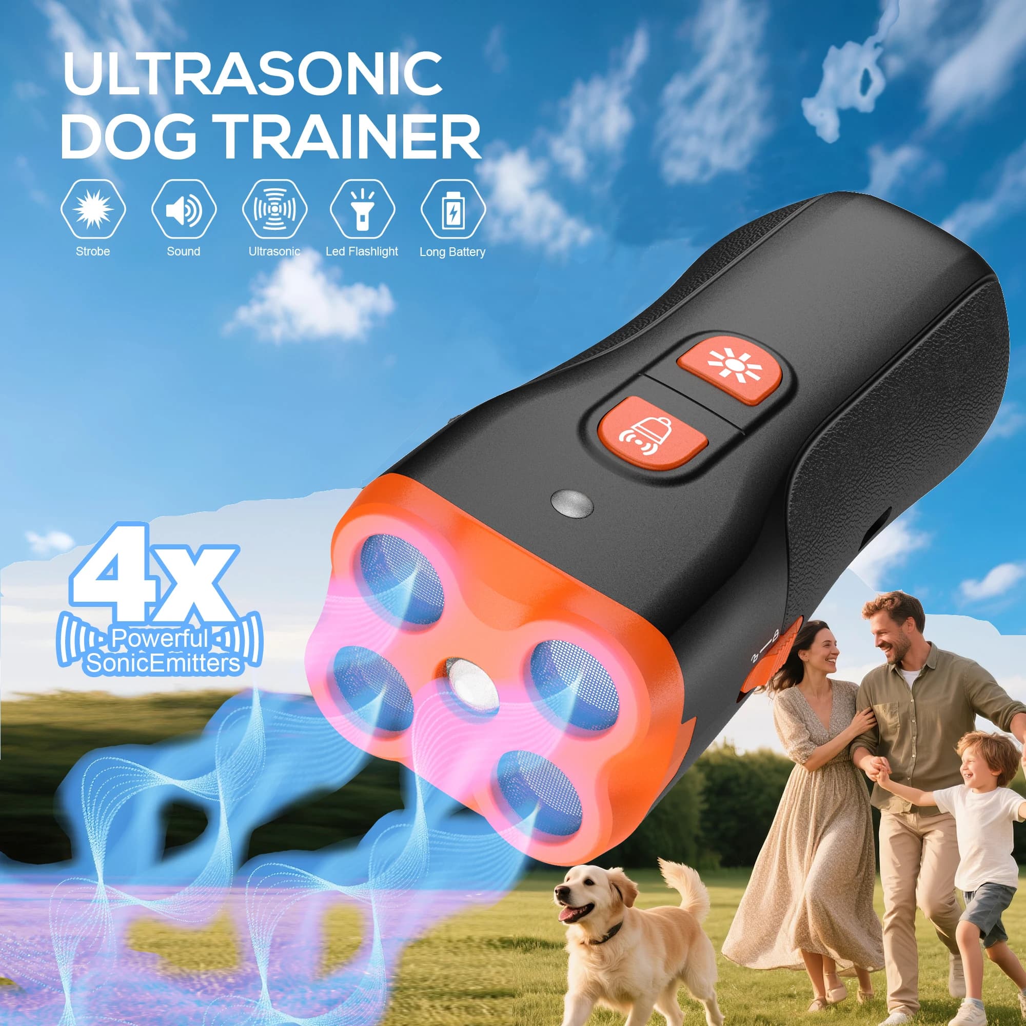Dispositif anti-aboiement pour chien, 4x ultrasons anti-aboiement, modes d'entraînement, portée de 15 m, fini les aboiements intérieurs et extérieurs, correction du comportement