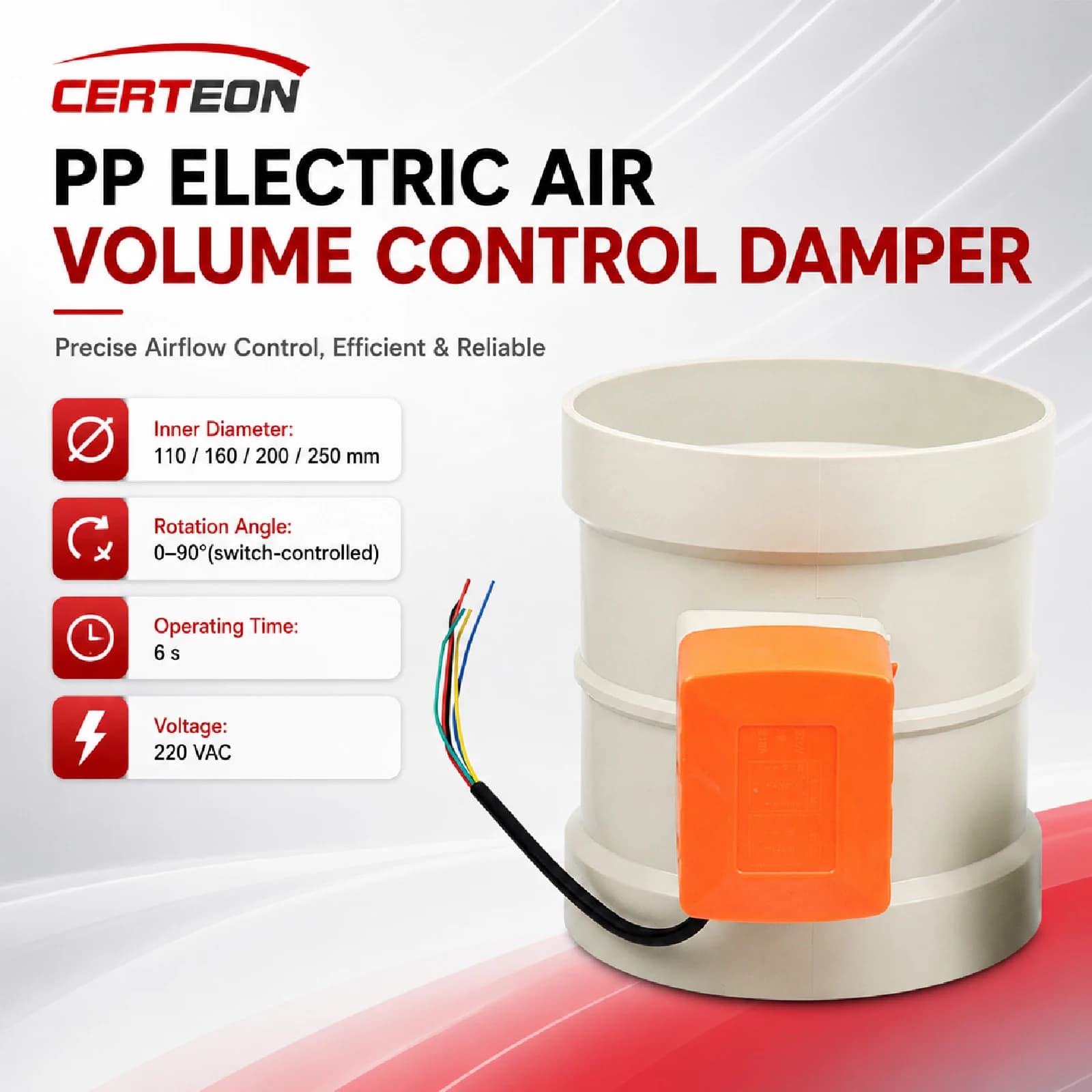 Registre d air motorisé électrique PP PVC pour conduits 110-250 mm 220VAC contrôle débit d air ventilation industrielle extraction chimique