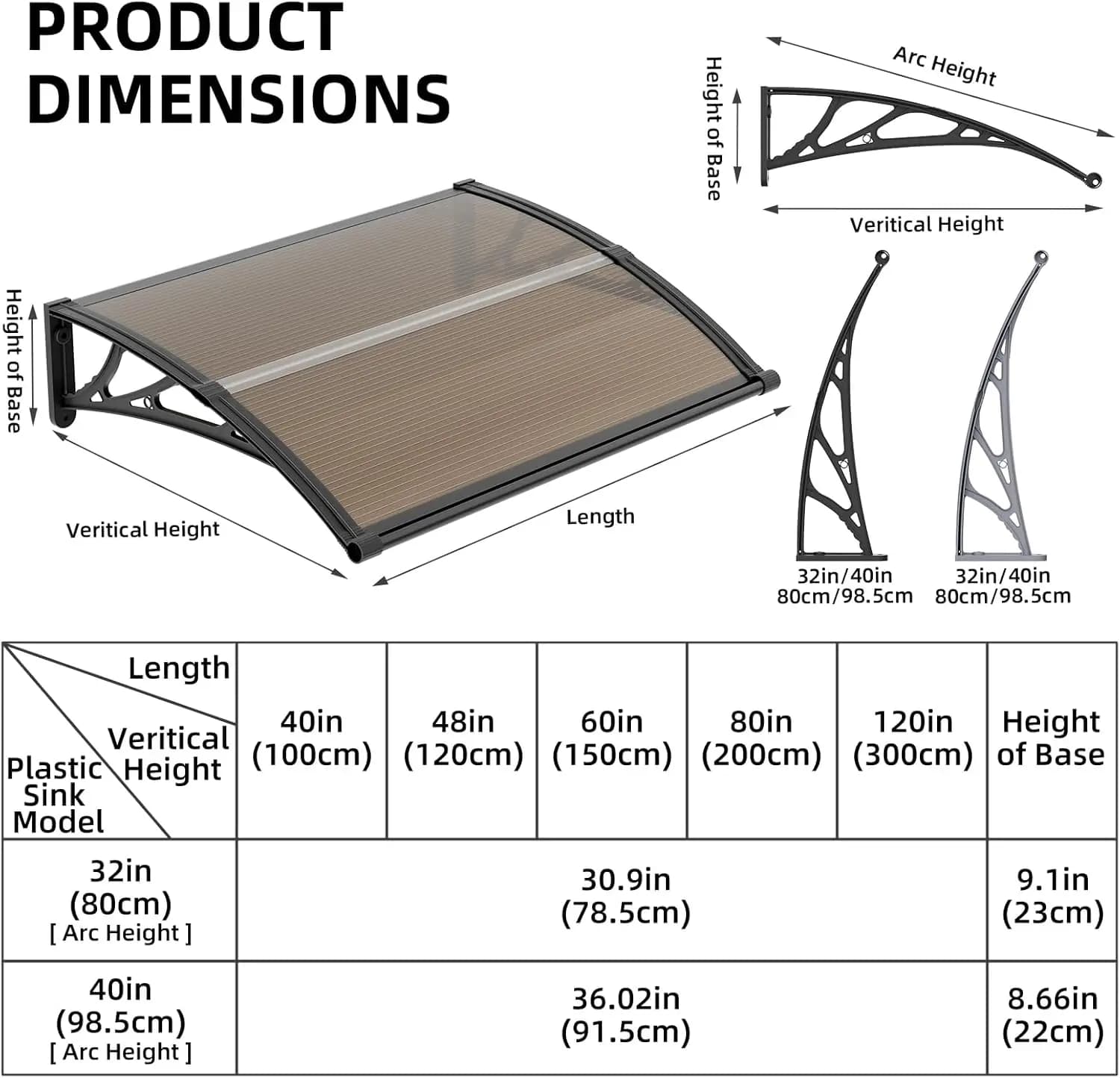 Grand auvent de gouttière en polycarbonate pour porte d'entrée