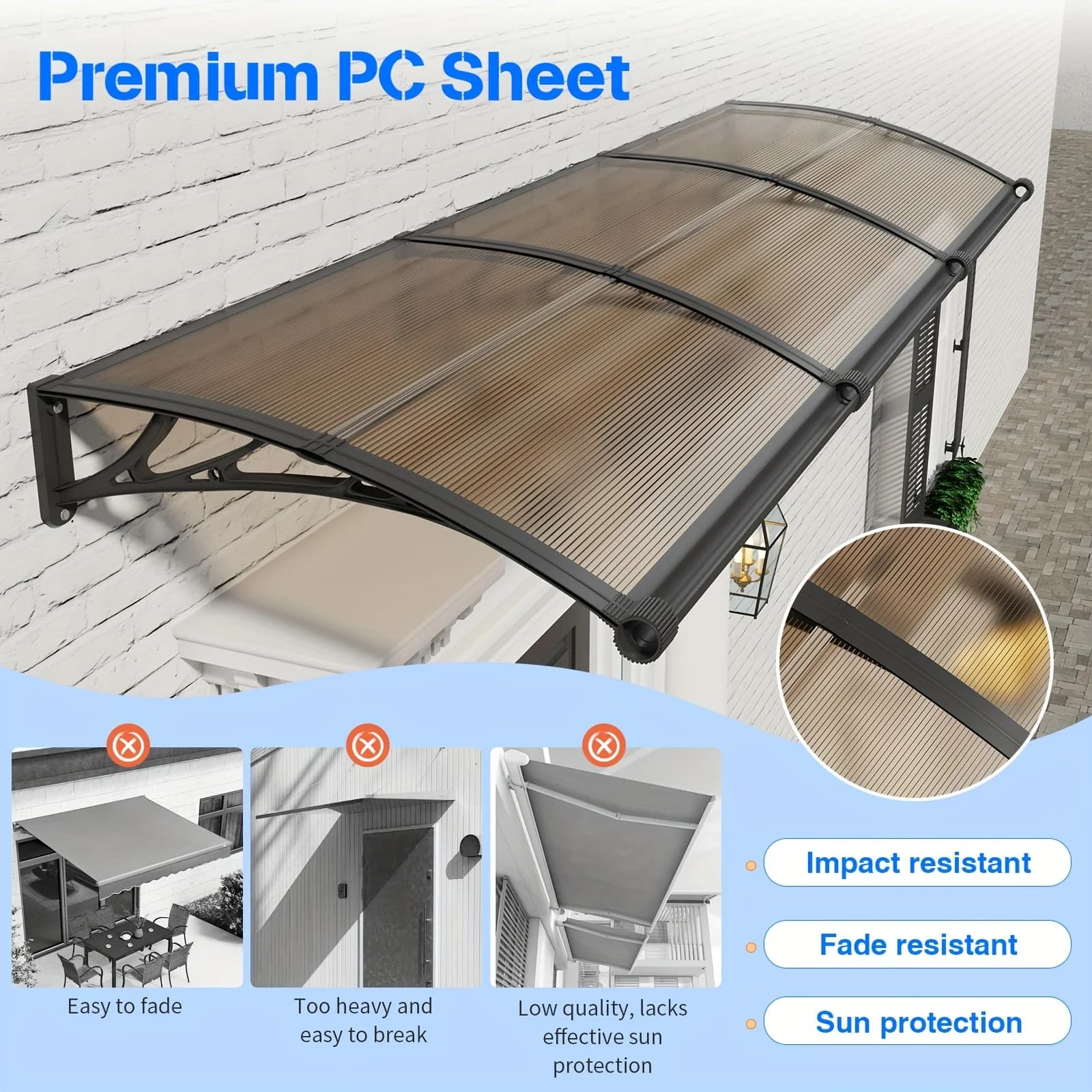 Grand auvent de gouttière en polycarbonate pour porte d'entrée