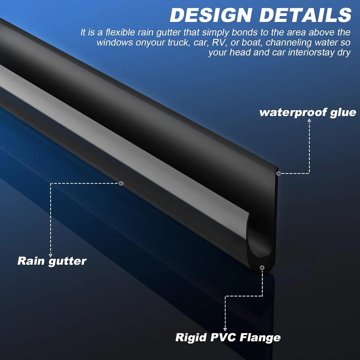 1 guide de gouttière en PVC en forme de J, pour évacuation des eaux de pluie | Pour voitures, fourgonnettes, caravanes, bandes de dérivation des eaux de pluie pour toit, flexibles en forme de J