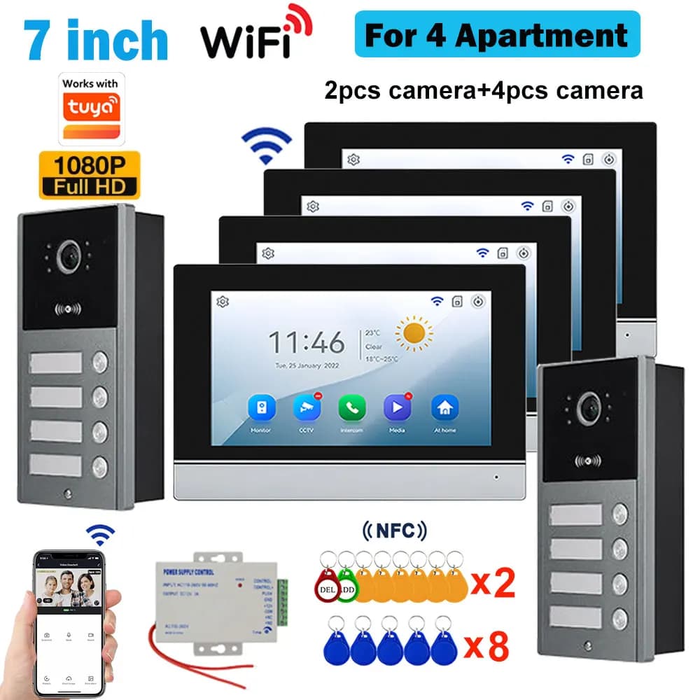 Interphone vidéo WiFi LCD 7 pouces 1080P pour appartements résidentiels 2/3/4 unités