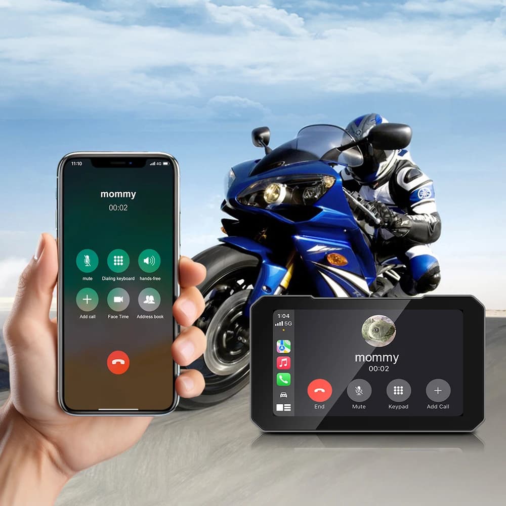 Écran de moto 5 pouces, DVR moto, navigation GPS, CarPlay sans fil, Android Auto, étanche IP67, moto