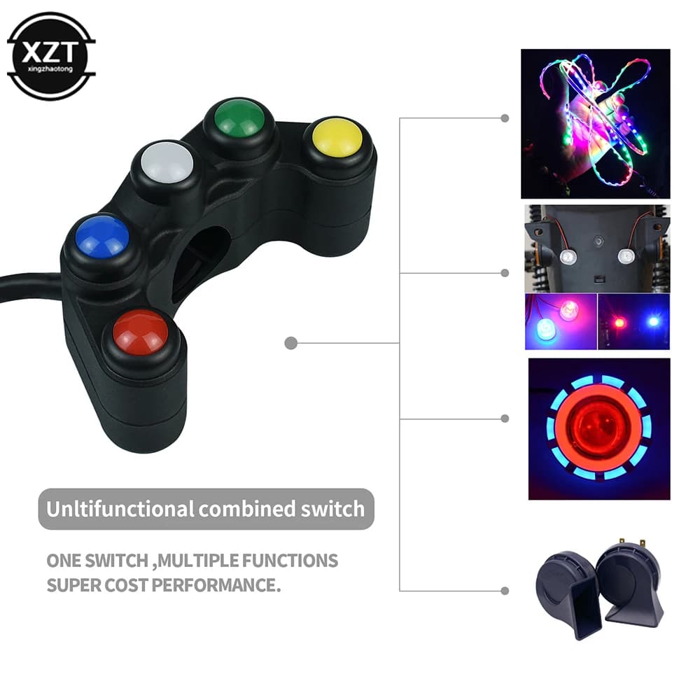 Interrupteur à cinq positions pour moto, cinq couleurs, lampe de direction, klaxon, clignotant, interrupteurs de guidon, réaménagement de véhicule électrique
