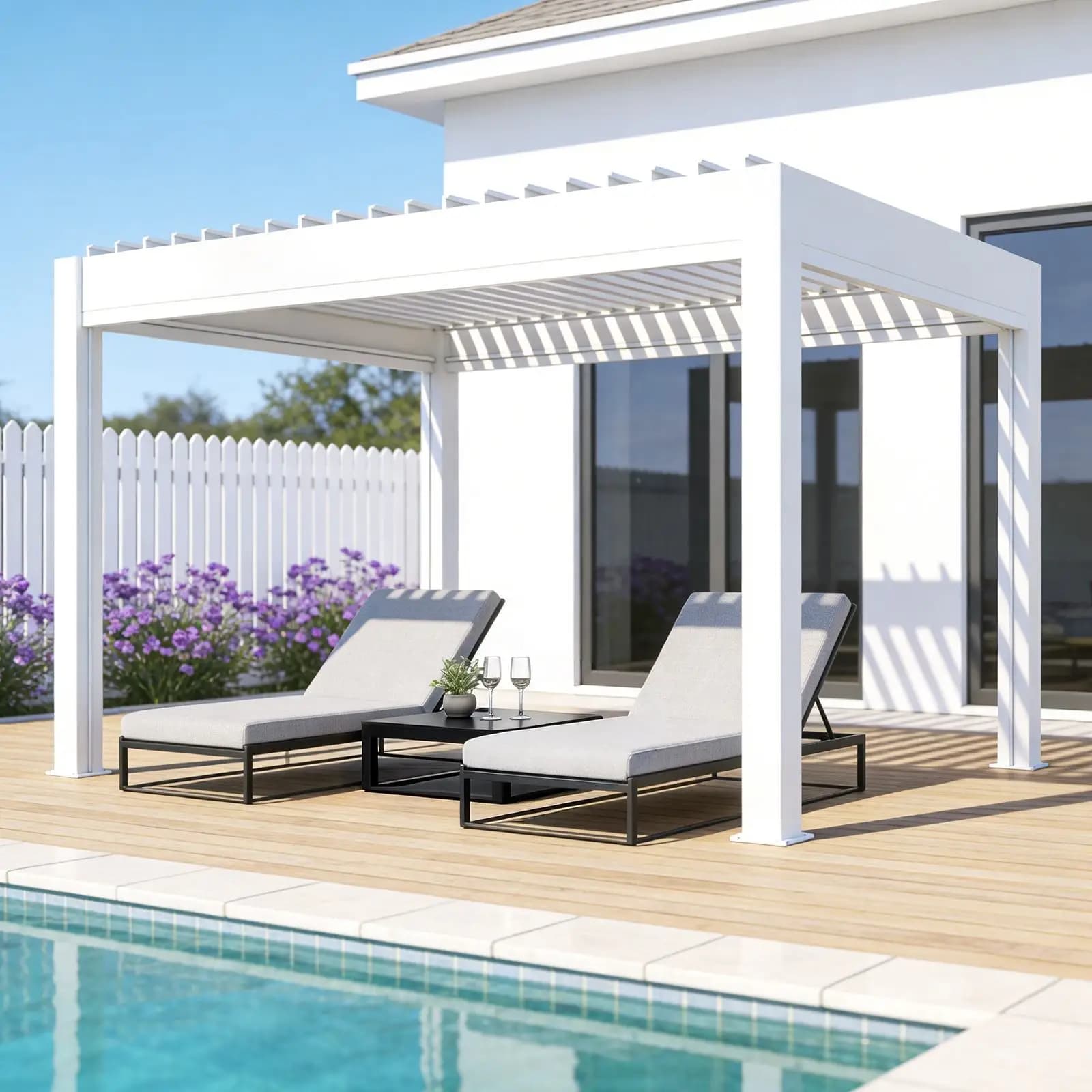 Pergola moderne anti-ouragan avec volets électriques réglables