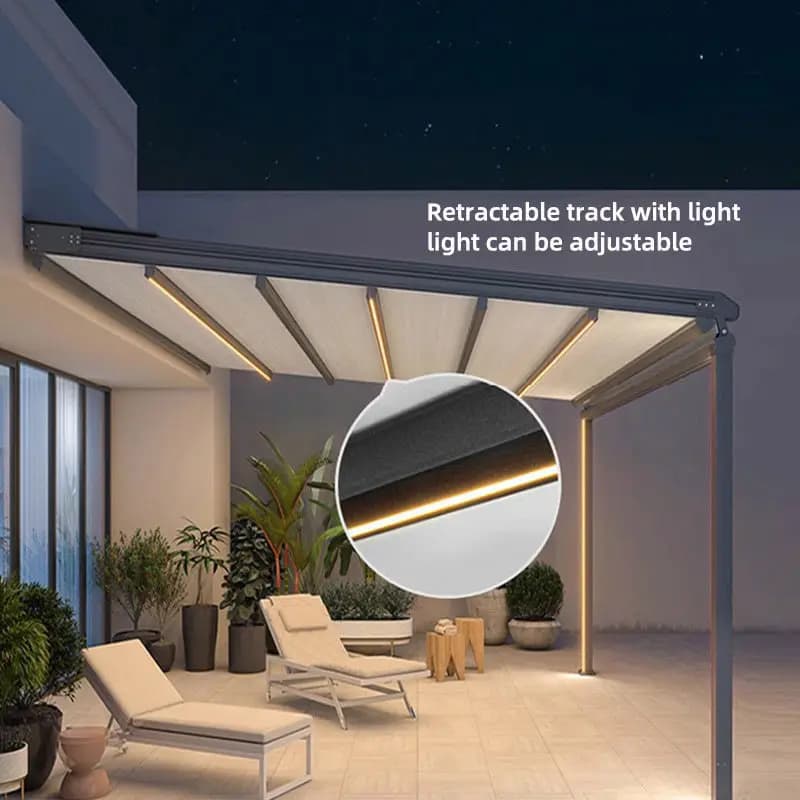 Pergola rétractable moderne, auvent imperméable en PVC, aluminium thermolaqué, résistant aux UV, pare-soleil extérieur écologique