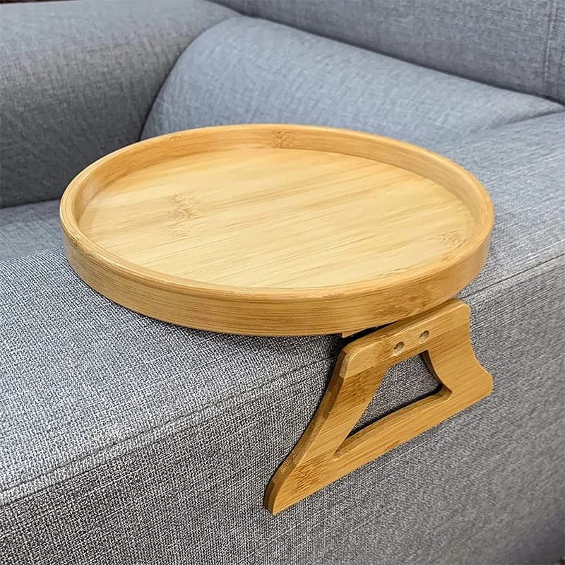 Tablette de canapé en bois naturel, à clipser sur l'accoudoir, plateau pratique pour télécommande, café et collations.