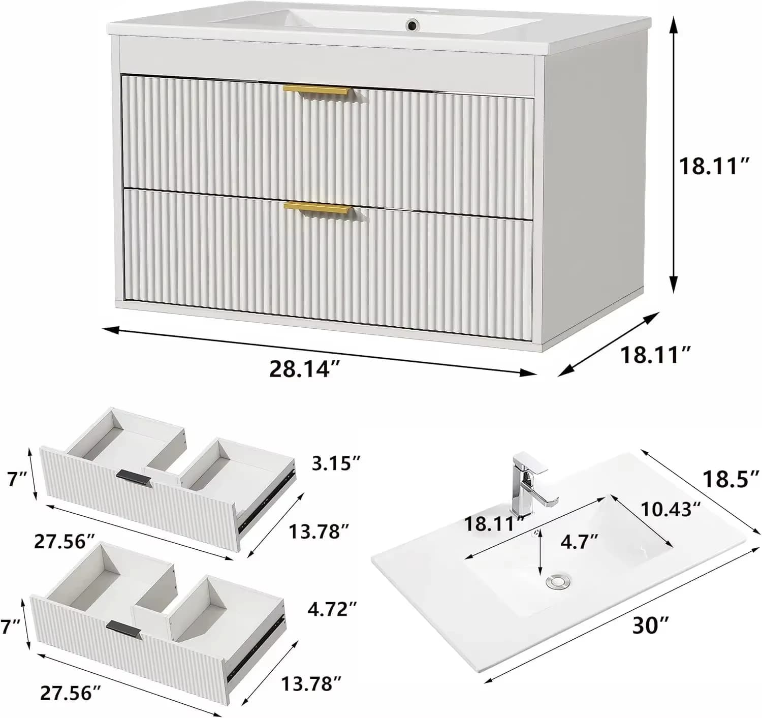 Salle de bain murale flottante 60-210 cm avec lavabo en céramique 2 tiroirs portes à fermeture douce - Vanités de salle de bain modernes avec lavabo