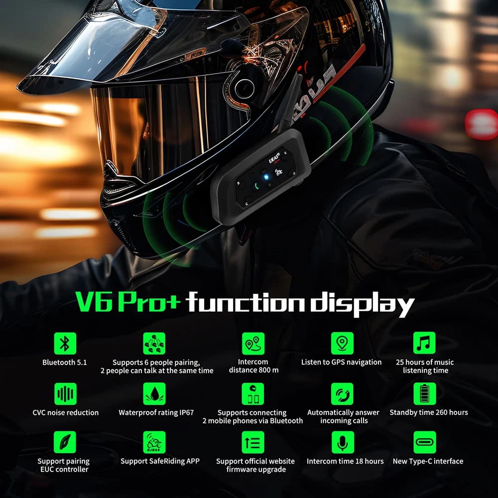 EJEAS V6 PRO +/PLUS casque de moto Bluetooth talkie-walkie 6 cavalier Distance 800 mètres étanche IP67
