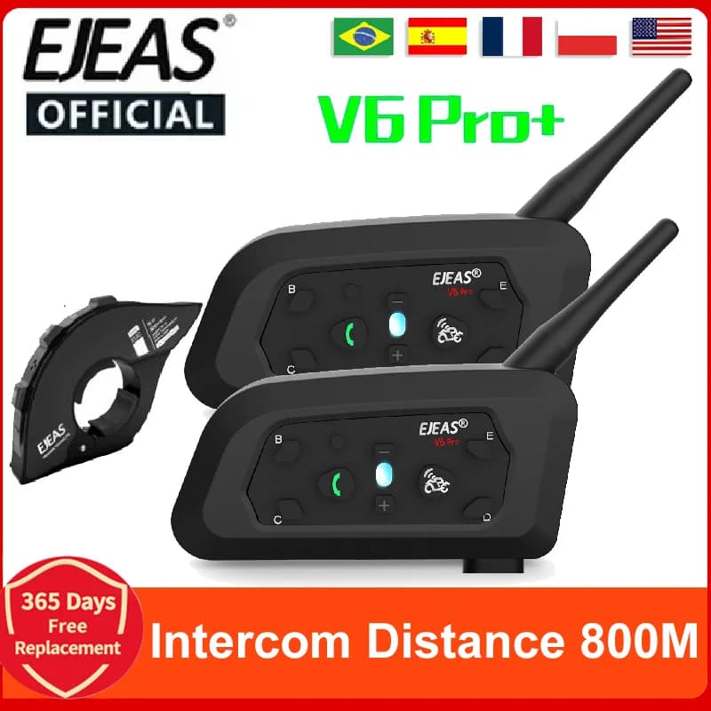 EJEAS V6 PRO +/PLUS casque de moto Bluetooth talkie-walkie 6 cavalier Distance 800 mètres étanche IP67