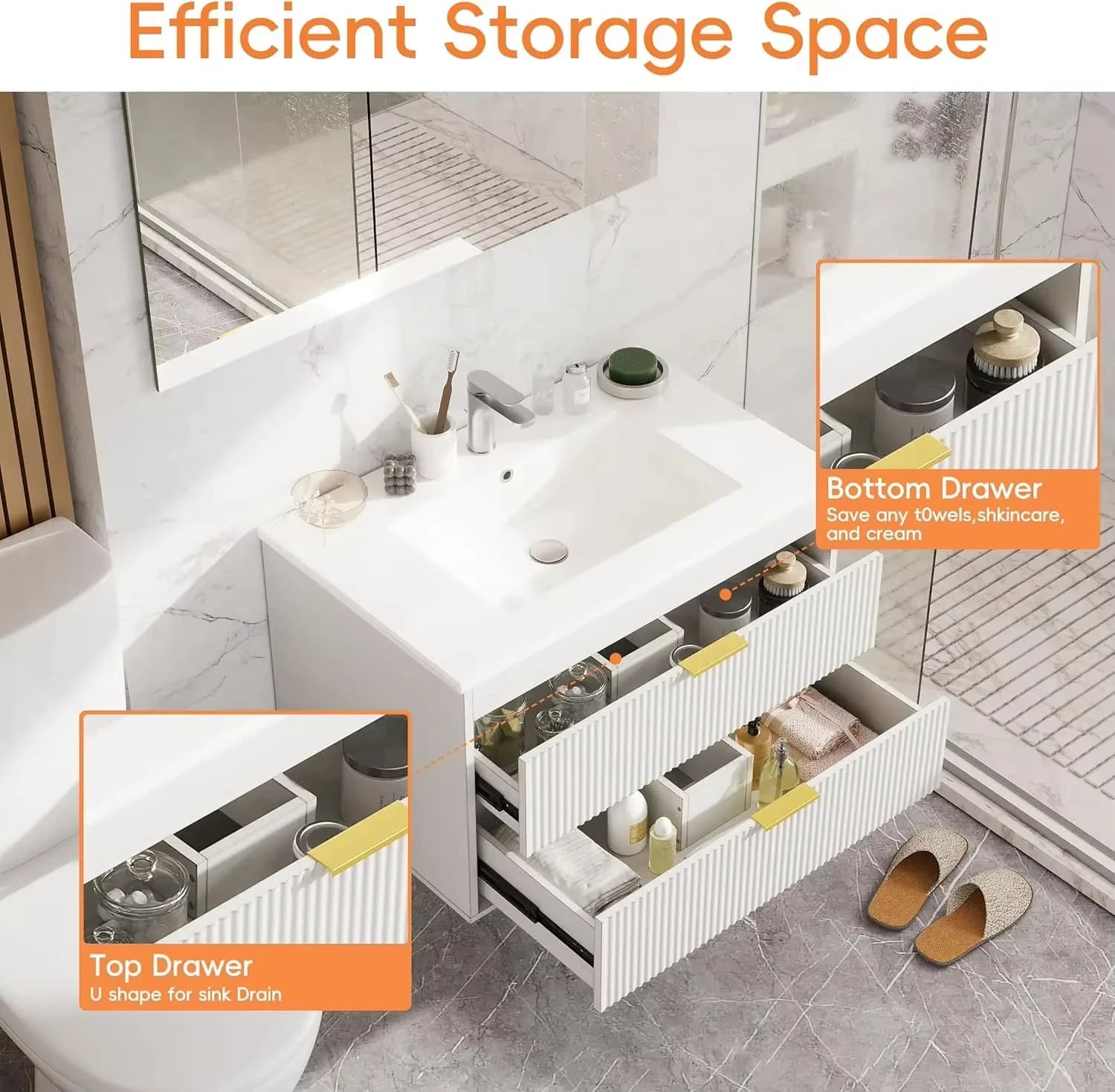 Salle de bain murale flottante 60-210 cm avec lavabo en céramique 2 tiroirs portes à fermeture douce - Vanités de salle de bain modernes avec lavabo
