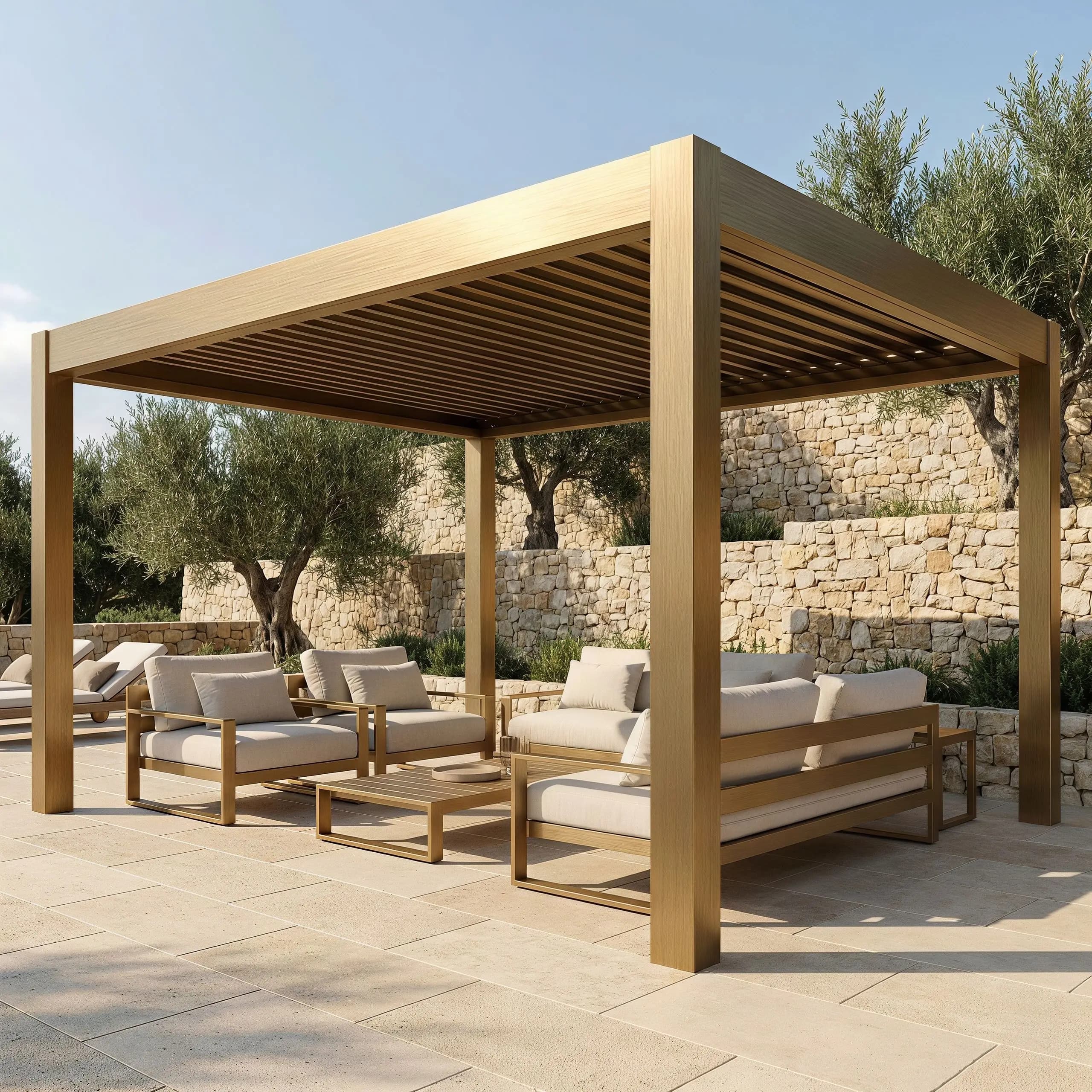 Pergola moderne anti-ouragan avec volets électriques réglables