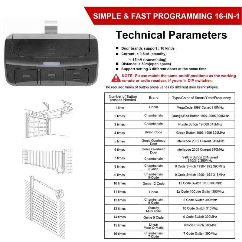 Télécommande universelle pour portes de garage, tournesol, porte linéaire Genie, 300 MHz, 310 MHz, 315 MHz, 318 MHz, 390MHz