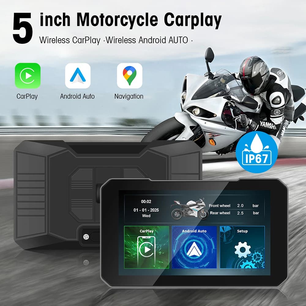 Écran de moto 5 pouces, DVR moto, navigation GPS, CarPlay sans fil, Android Auto, étanche IP67, moto