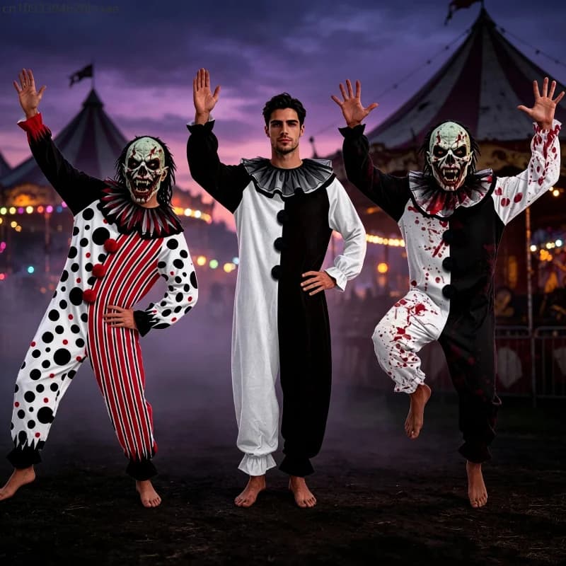 Costume de Clown Sanglant Unisexe Adulte Noir et Blanc, Combinaison Unique pour Halloween, Déguisement de Zombie Sombre et Maléfique pour Fête et Spectacle