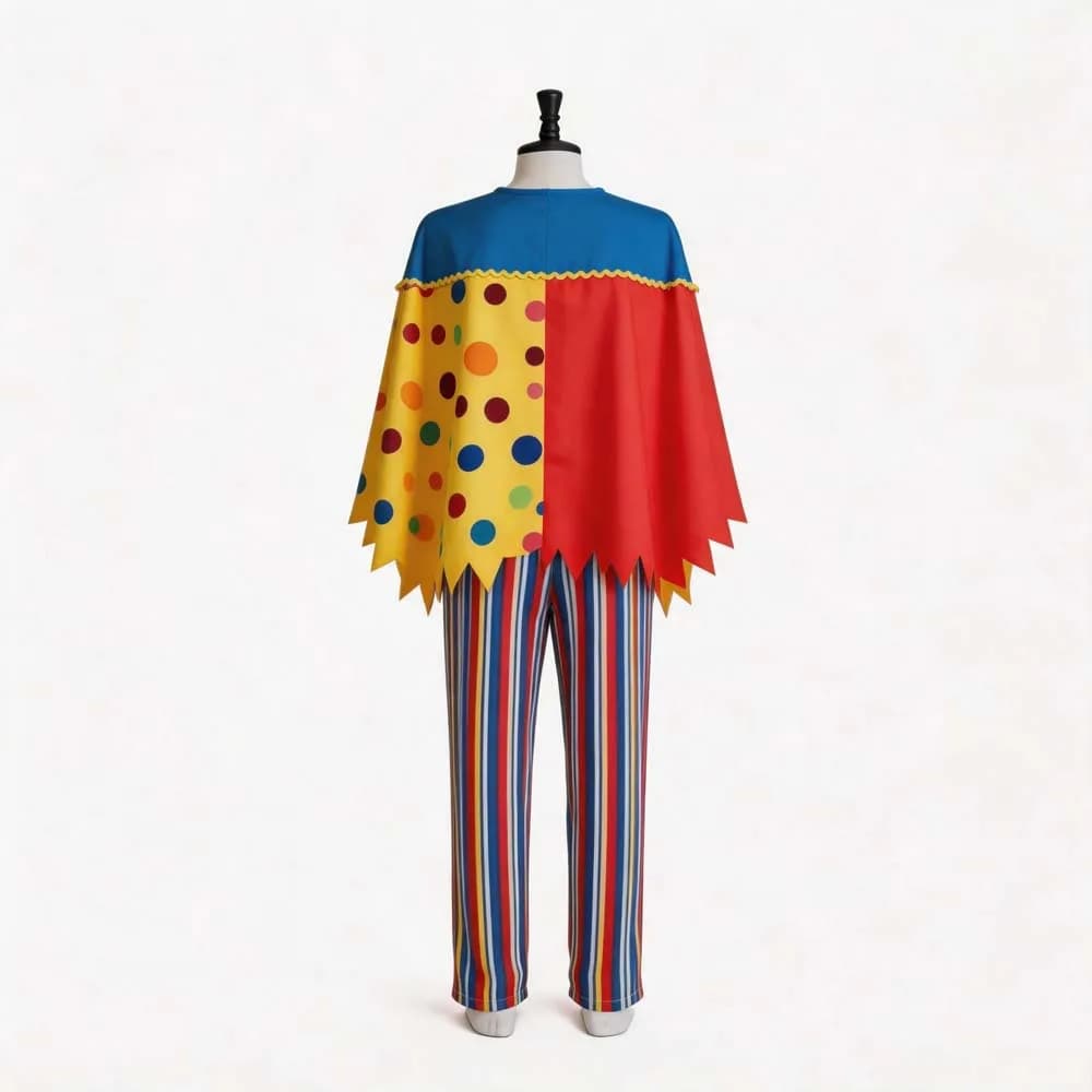 Costume de Clown Adulte pour Cosplay, Ensemble Cape à Pois et Pantalon Rayé Bicolore, Idéal pour Halloween, Cirque, Carnaval et Spectacles Scéniques