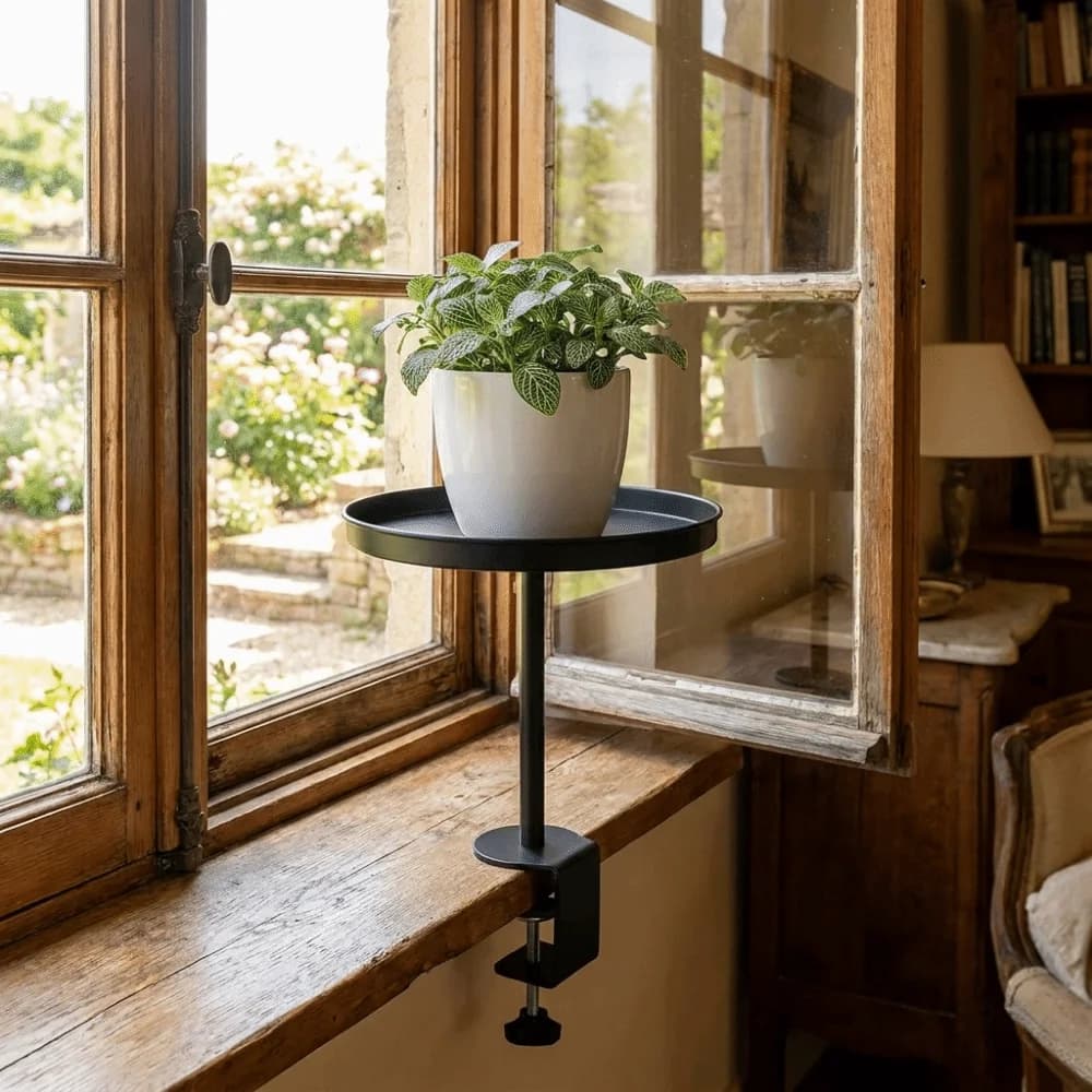 Étagère de rebord de fenêtre réglable en fer noir, plateau d'extension pour rebord de fenêtre rond, économiseur d'espace, support suspendu pour mangeoire à oiseaux, plateau de rangement