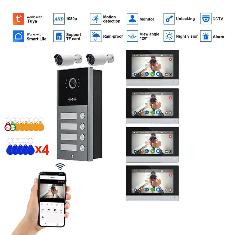 Interphone vidéo WiFi LCD 7 pouces 1080P pour appartements résidentiels 2/3/4 unités