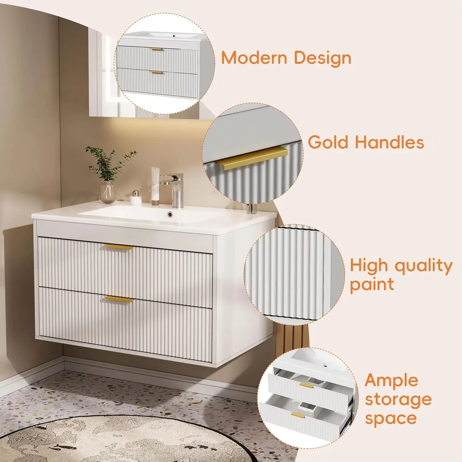 Salle de bain murale flottante 60-210 cm avec lavabo en céramique 2 tiroirs portes à fermeture douce - Vanités de salle de bain modernes avec lavabo