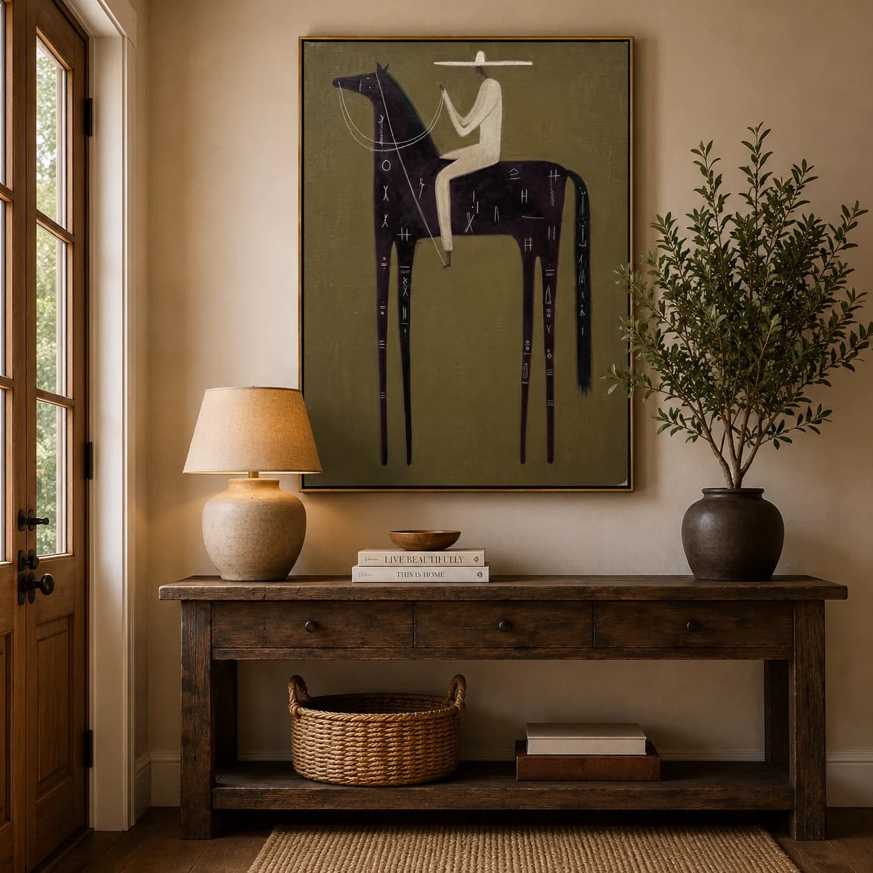 Le Cheval Glyph – Peinture vintage Americana d'un cavalier sur un cheval noir avec inscription | Impression sur toile pour chambre à coucher, salon