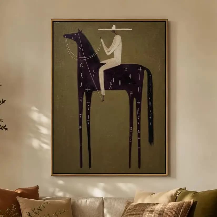 Le Cheval Glyph – Peinture vintage Americana d'un cavalier sur un cheval noir avec inscription | Impression sur toile pour chambre à coucher, salon