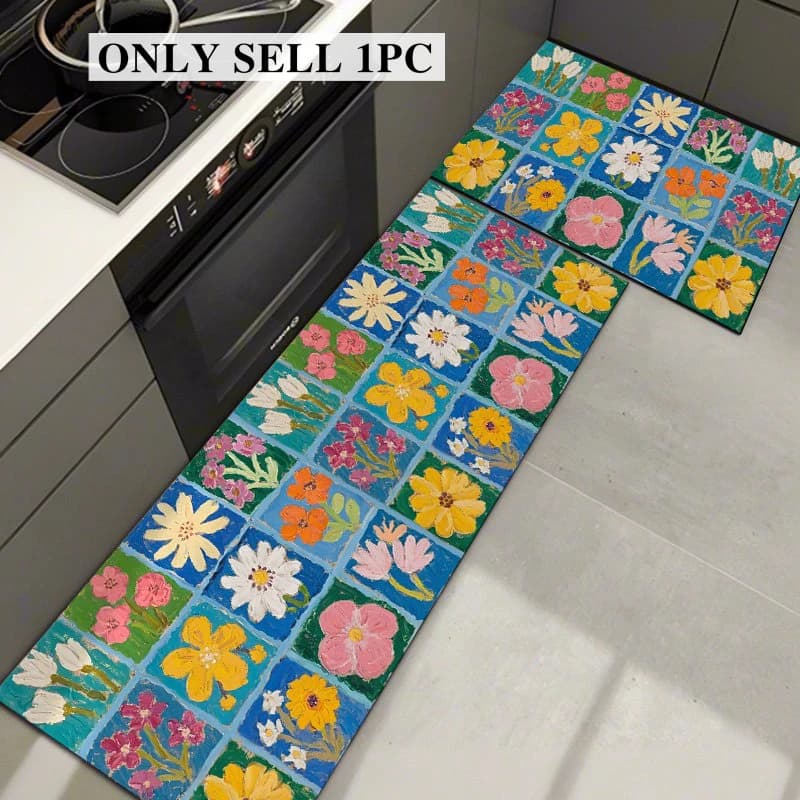 Tapis de cuisine en PVC imperméable, tapis en cuir long antidérapant et résistant à l'huile, tapis à carreaux américains, tapis floraux, tapis de décoration pour la maison