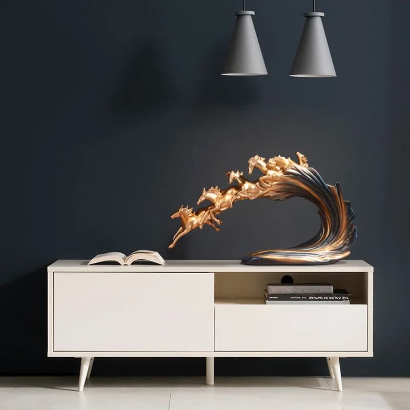 Ornements de chevaux, une troupeau de chevaux, artisanat en résine, lumière dorée, armoire à vin de luxe, décoration de bureau