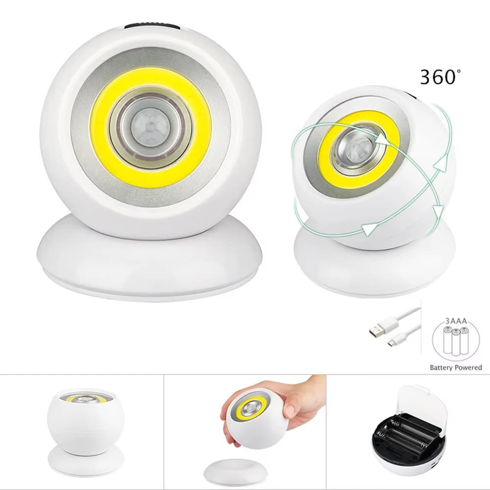 360 ° Rotatif COB boule lumière PIR capteur de mouvement LED veilleuse USB/alimenté par batterie aimant applique murale pour chambre salle de bain cuisine