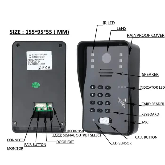 Visiophone interphone sonnette uniquement mot de passe RFID IR-CUT 1000TV ligne caméra
