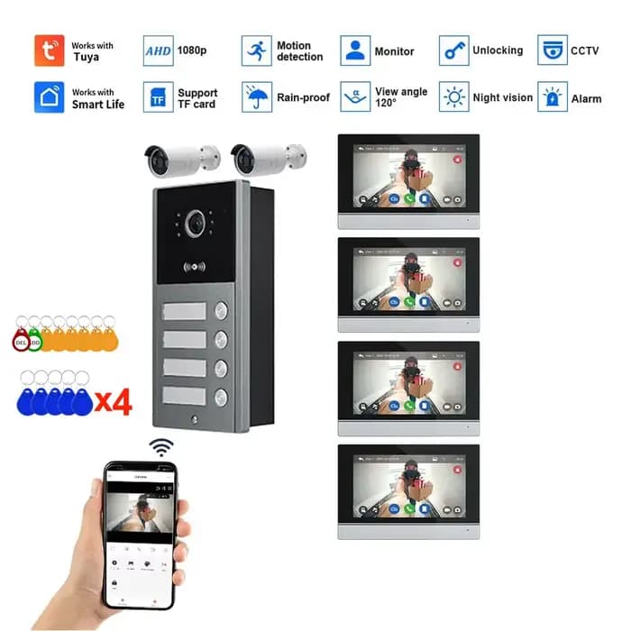 Interphone vidéo WiFi LCD 7 pouces 1080P pour appartements résidentiels 2/3/4 unités