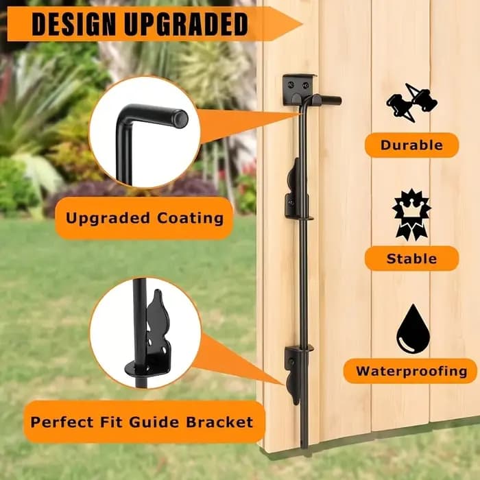 Une serrure de portail robuste en métal noir avec un loquet en rotin, pour fixer le portail au sol